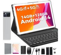 Android 14 Tablet 10 Pollici 14 GB + 128 GB (1 TB TF) | 13 MP + 8 MP | 8000 mAh | Octa-Core | Bluetooth 5.0 | 5G+2.4G Wi-Fi, 4G LTE Con Slot SIM, In Offerta Con Tastiera e Penna - Argento
