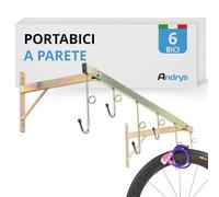 Andrys Porta Bici da Muro con Ganci e Anelli per 6 Biciclette - Supporto Appendi Bici da Muro per Interni ed Esterni - Smontabile, Facile da Installare, con Tappi Antigraffio - Acciaio Zincato (Oro)