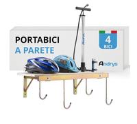 Andrys Porta Bici da Muro con Ganci e Mensola per 4 Biciclette - Supporto Appendi Bici da Muro per Interni ed Esterni - Smontabile, Facile da Installare, con Tappi Antigraffio - Acciaio Zincato (Oro)