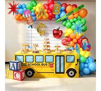 Aneco Kit di decorazioni per il rientro a scuola, kit per arco e ghirlanda, con tovaglia per scuolabus, sfondo per quaderni, pastelli gonfiabili, scatola ABC per aula per il primo giorno, scuolabus