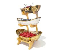 ANEELV Porta frutta a tre ripiani, in ceramica, base di bambù, moderna ciotola per frutta per la cucina per mostrare frutta, snack e dolci. Oro