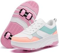 ANEFUN Ragazzi Ragazze Scarpe con Ruote Pattini Pattinaggio Bambini Pattini a Rotella Scarpe con 4 Ruote Rimovibili Comfort Sport Outdoor per Bambini, Luna Rosa Bianca, 34 EU