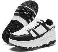 ANEFUN Scarpe per bambini e bambine con ruote, pattini a rotelle per bambini, scarpe a 4 ruote rimovibili, comode scarpe sportive all'aperto per bambini, Bianco e nero 1135, 5 Big Kid