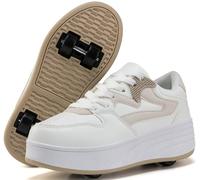 ANEFUN Scarpe sportive per ragazzi e ragazze con ruote rimovibili, Bianco Cachi, 3 Little Kid