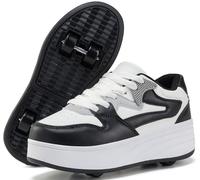 ANEFUN Scarpe sportive per ragazzi e ragazze con ruote rimovibili, Bianco nero, 2 Little Kid