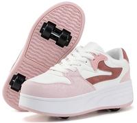 ANEFUN Scarpe sportive per ragazzi e ragazze con ruote rimovibili, bianco rosa, 1 Little Kid
