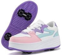 ANEFUN Scarpe sportive per ragazzi e ragazze con ruote rimovibili, bianco viola, 3 Little Kid