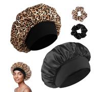 Anei Set di 4 accessori per capelli, 2 berretti da bagno in seta, cuffia da notte in seta morbida e confortevole (nero/stampa leopardo) + 2 fasce da donna D3A649 W