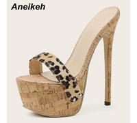 Aneikeh Sandali con plateau leopardati sexy Tacchi alti 2025 Pantofole estive Ciabatte Moda donna Peep Toe Slip On Club Shoes Slider