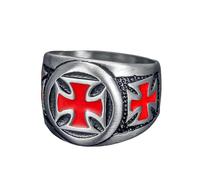 Anelli, Anello da Uomo con Inquisizione del Tempio Cavaliere - Anello Gotico in Acciaio Nero/Argento Smalto Rosso
