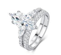 Anelli da donna con dita piccole, anello da donna per dito medio, due anelli con 7 x 14 mm, marquise-moissanite argento 14 carati, oro bianco 14 carati, misura 52 (16,6)