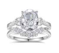 Anelli da donna con dita piccole, anello da donna, pollice 2 anelli con moissanite ovale da 7 x 9 mm, argento bianco 14 carati, misura 52 (16,6)