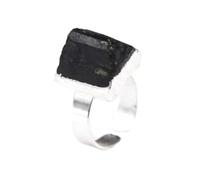 Anelli di Pietra - Anello da Dito in Quarzo Cristallo di tormalina Nera Naturale per Donna Uomo Forma Irregolare Gioielli da Sposa in Pietra ridimensionabile, Placcato Argento, Taglia Unica
