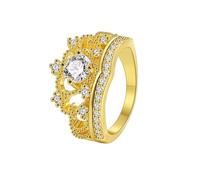 Anelli di promessa da donna, set di nozze d'oro per donne corona con moissanite di forma rotonda oro giallo, Q 1/2, Oro giallo 18 carati, Moissanite