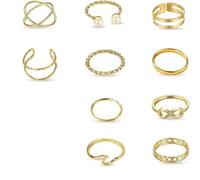 Anelli donna oro 10 pezzi, set di anelli regolabili eleganti, minimal con perle, onde e eterni, gioielli oro per donne, regalo perfetto per anniversario e compleanno