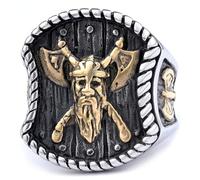 anelli, faccia da guerriero retrò bicolore oro e argento con design di ascia Mjölner, gioielli nordici vintage