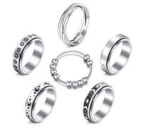 Anelli fidget per ansia, 8 pezzi, in acciaio inossidabile, anelli anti-ansia, anelli che girano luna, stella, anelli per alleviare lo stress, per donne e uomini, 8 UK, Acciaio inossidabile, anello