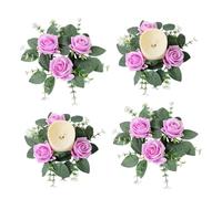 Anelli per candele a forma di rosa artificiale, confezione da 4 mini ghirlande di fiori primaverili da 10" con foglie verdi, portacandele rustico a forma di rosa per candele a colonna, centrotavola p
