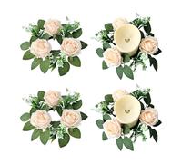 Anelli per candele a forma di rosa artificiale, confezione da 4 mini ghirlande di fiori primaverili da 10" con foglie verdi, portacandele rustico a forma di rosa per candele a colonna, centrotavola p