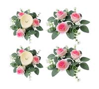 Anelli per candele a forma di rosa artificiale, confezione da 4 mini ghirlande di fiori primaverili da 10" con foglie verdi, portacandele rustico a forma di rosa per candele a colonna, centrotavola p