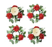 Anelli per candele a forma di rosa artificiale, confezione da 4 mini ghirlande di fiori primaverili da 10" con foglie verdi, portacandele rustico a forma di rosa per candele a colonna, centrotavola p