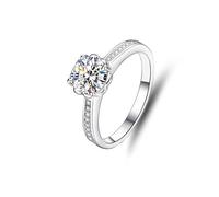 Anelli per migliori amiche, anelli a V da donna con fiore classico con moissanite rotonda da 1 ct in oro bianco/platino 950, S 1/2, Platino 950, Moissanite