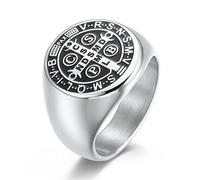 Anello 925 Argento, Anello sigillo a croce San Benedetto, anello amuleto cristiano acciaio inossidabile uomo