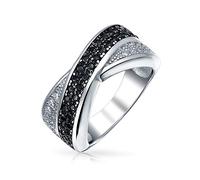 Anello a fascia incrociata X con pavé di zirconi cubici CZ bicolore nero e bianco per donne per fidanzata in argento sterling .925