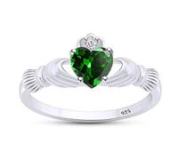 Anello a forma di cuore simulato granato e zirconi cubici Claddagh in oro 14 carati in argento sterling, Argento sterling, Smeraldo