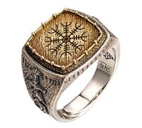 Anello aegishjalmur helm of awe anello rune vichinghe e drago e spada in argento sterling 925 bicolore gioielli nordici per uomo taglia 24 regolabile