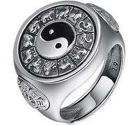 Anello amuleto, Anello protezione ricchezza, Argento sterling 925 smaltato vintage Antico simbolo cinese Yin Yang Anello spinner con 12 segni zodiacali cinesi for uomo Donna Aperto e regolabile (gamma