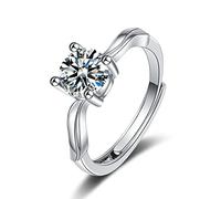 anello, Anello in oro bianco 9K for donna, anelli di promessa for, solitario regolabile con 4 punte e ala moissanite rotonda