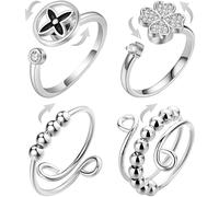 Anello antistress Fidget - 4 anelli regolabili per alleviare lo stress, anello girevole con zircone trifoglio, perle rilassanti per la gestione dell'ansia, rassicuranti regalo per donne e uomini