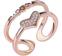 Anello Aperto a Doppio Strato Scava Fuori l'anello di Cristallo Finto Lettera del Cuore d'Amore per Ragazze Donne, Oro Rosa Attractive And Fashion