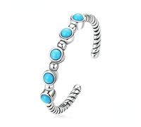 Anello aperto in argento sterling femminile con cornice turchese rotonda per gioielli per feste di nozze femminile, taglia unica, metallo prezioso, gemma preziosa