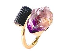 Anello aperto in pietra grezza irregolare da donna Gioielli in ametista grezzo color oro con tormalina nera ridimensionabile
