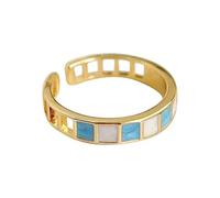 Anello aperto regolabile da donna, colore blu e bianco, design geometrico scavato, elegante gioiello in rame placcato oro, splendido abbinamento per abiti, camicie e tutti i tipi di abiti casual