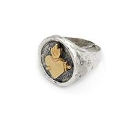 Anello Chevalier Tondo in Argento Sterling 925 Martellato con Sacro Cuore e Pugnale Placcato Oro