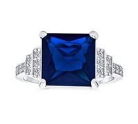 Anello cocktail in stile Art Déco con grande zaffiro blu simulato da 5 CTW, pietre laterali a gradini AAA CZ, taglio radiante brillante quadrato, anello di fidanzamento per donna in argento sterling