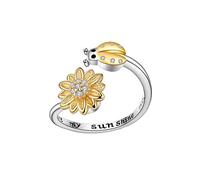Anello con coccinella e girasole per ansia, da donna, con scritta "You Are My Sunshine", placcato argento, antistress, aperto, regolabile, impilabile, con margherita, zirconia cubica, idea regalo per