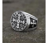 Anello con croce di San Benedetto in acciaio inox, medaglia del giubileo con iscrizione latina, simbolo religioso gotico da uomo, accessorio audace e unico da uomo, misura 7-13