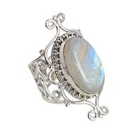 Anello con pietra di luna arcobaleno, 20 x 12 mm, lunetta in argento sterling 925, con pietre preziose viola, anello bohémien fatto a mano da donna 57 (18,1)