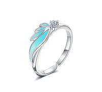 Anello con Piuma Blu Sterling S925 Anello con zirconi Regolabile di Apertura alla Anello di Fidanzamento di Nozze Anello di Anniversario Gioielli Regali per Le Donne,