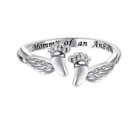 Anello con scritta "Mum" e angelo con impronta di piede, regolabile, con | Anello regolabile in rame con motivo impronta dolce e biglietto da 7 x 7 cm; regalo per la mamma per il suo compleanno