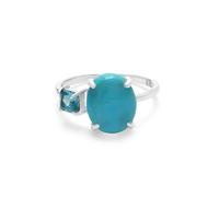 Anello con turchese naturale e topazio blu - Solitario ovale con accenti quadrati in argento sterling 12