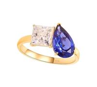 Anello coordinato, da donna, con gocce d'acqua, 7 x 11 mm, zaffiro blu 3 ct e moissanite quadrata in oro giallo, 13 (16,9), Oro giallo 14 carati (585), Zaffiro azzurro Moissanite