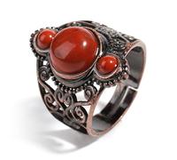 Anello creativo retrò con pietra di cristallo naturale a forma di fiore cavo, con perline rotonde, venature rosse, anello aperto regolabile, per uomo e donna, gioielli estivi abbinabili, diaspro ro
