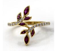 Anello da cocktail con foglia di rubino simulato e diamanti, regalo...