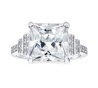 Anello da cocktail in stile Art Déco con 5 CTW chiari, AAA CZ, pietre laterali a gradini, taglio radiante brillante quadrato, anello di fidanzamento per donna in argento sterling .925 rodiato.