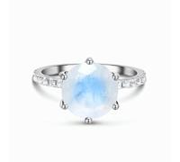 Anello da donna alla moda, anello di fidanzamento rotondo a 6 rappi con pietra di luna e moissanite in argento 9 K, misura 47 (15,0)